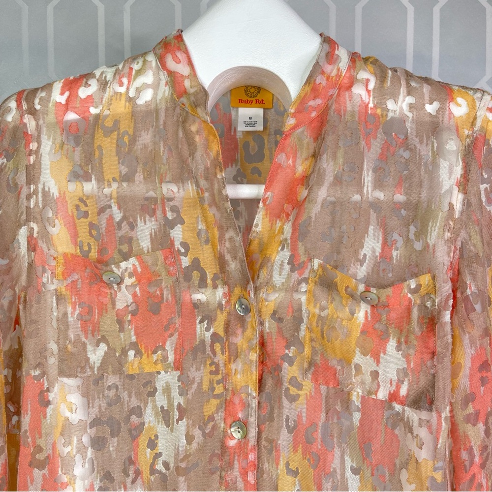 Ruby Rd. Abstract Earthy Watercolor Sheer Button Up Blouse Size 8 - Picture 3 of 14